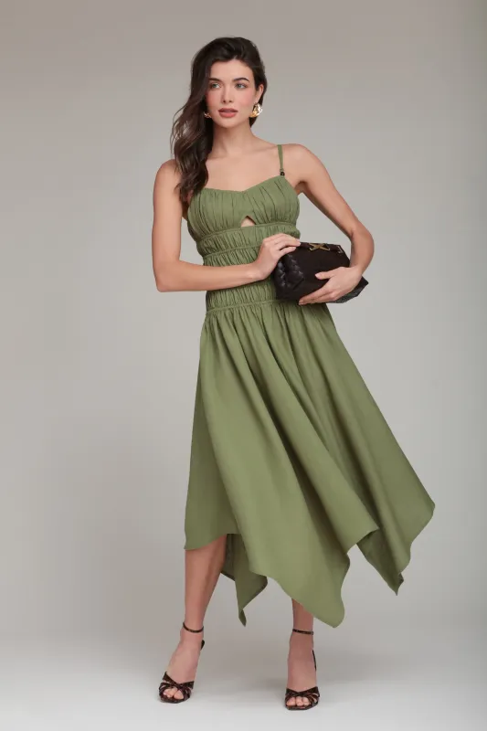 Linen Blend Shirred Handkerchief Hem Midi Dress made by Avec Les Filles