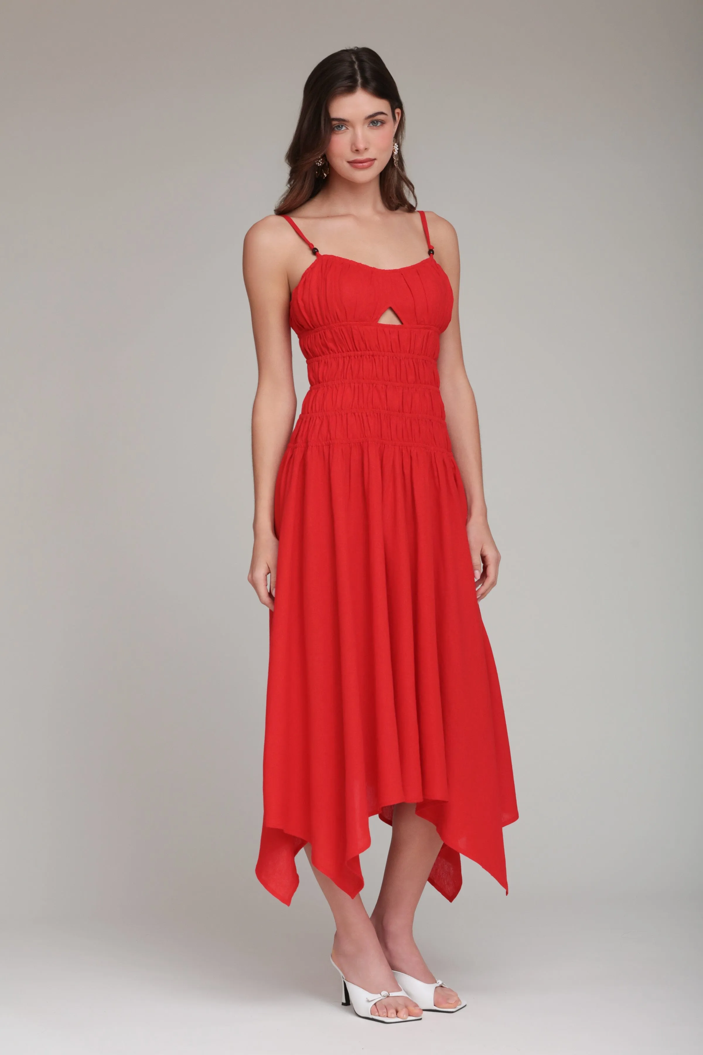 Linen Blend Shirred Handkerchief Hem Midi Dress sold by Avec Les Filles product image thumbnail 4
