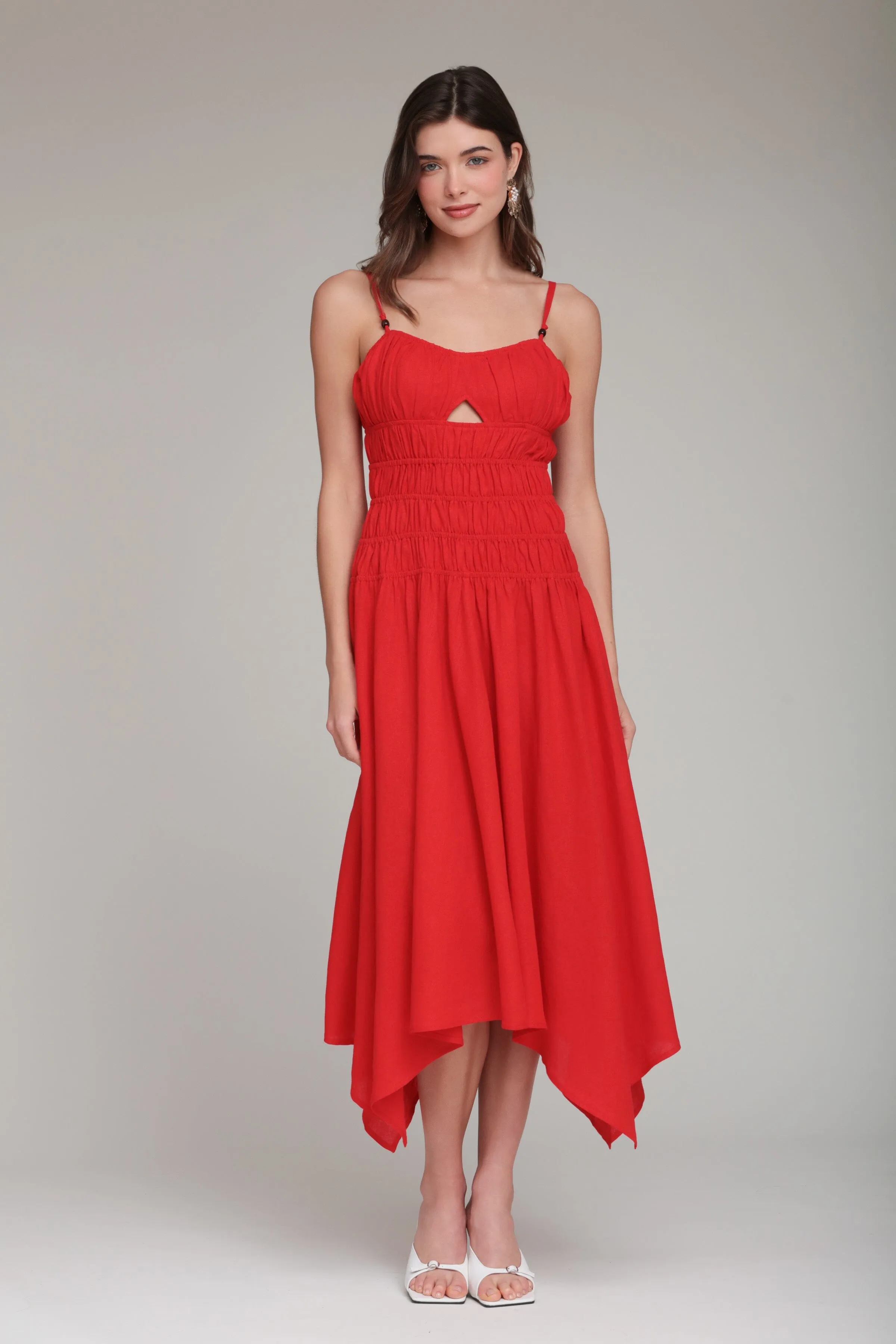 Linen Blend Shirred Handkerchief Hem Midi Dress sold by Avec Les Filles product image thumbnail 3