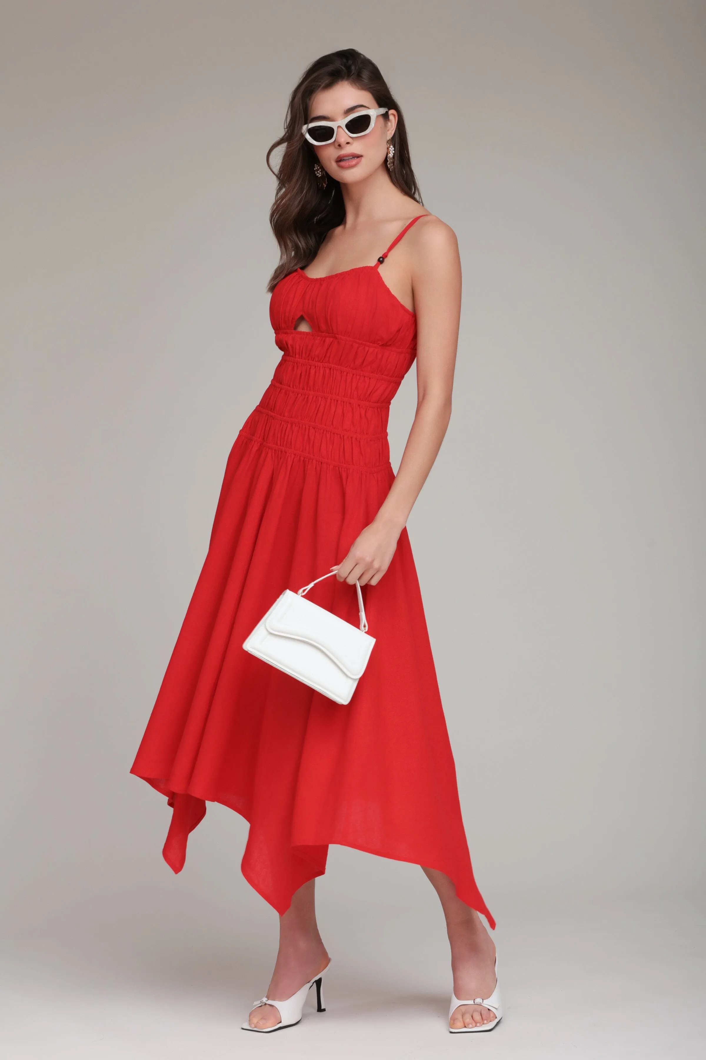 Linen Blend Shirred Handkerchief Hem Midi Dress sold by Avec Les Filles
