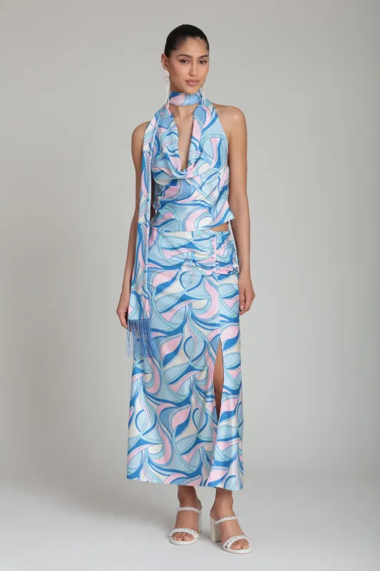 Satin Paisley Side Ruched Midi Skirt With Slit made by Avec Les Filles