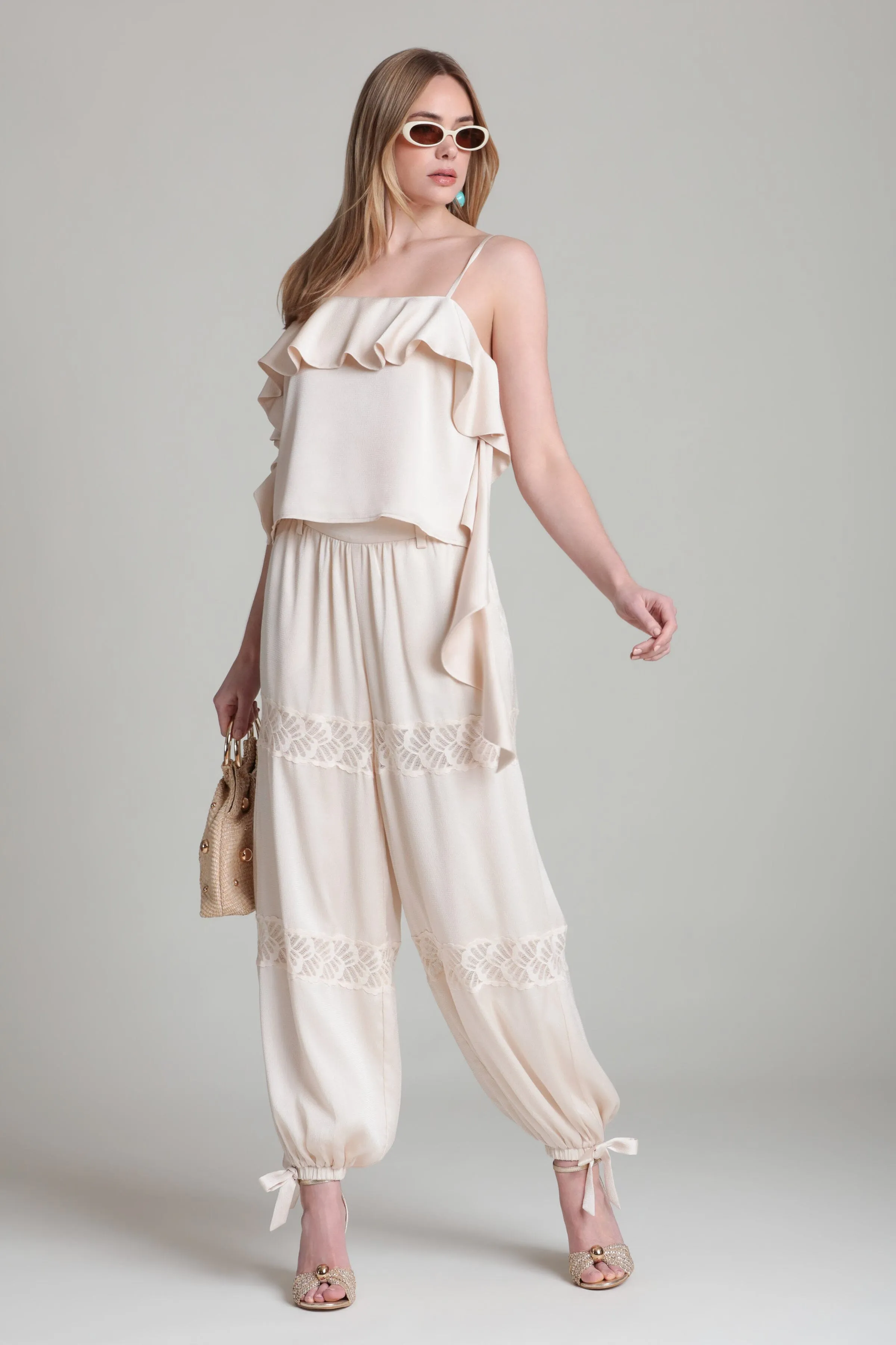 Satin Crepe Lace Trim Balloon Pant sold by Avec Les Filles product image thumbnail 2