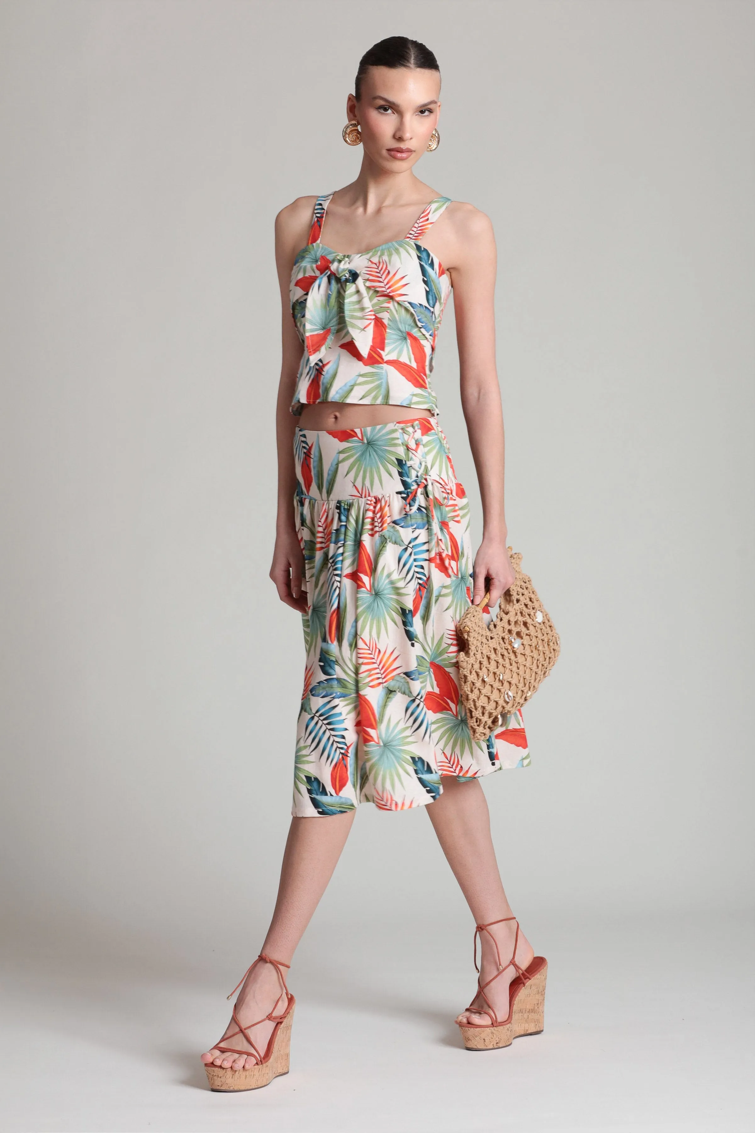 Tropical Print Linen Blend Tie Front Top sold by Avec Les Filles