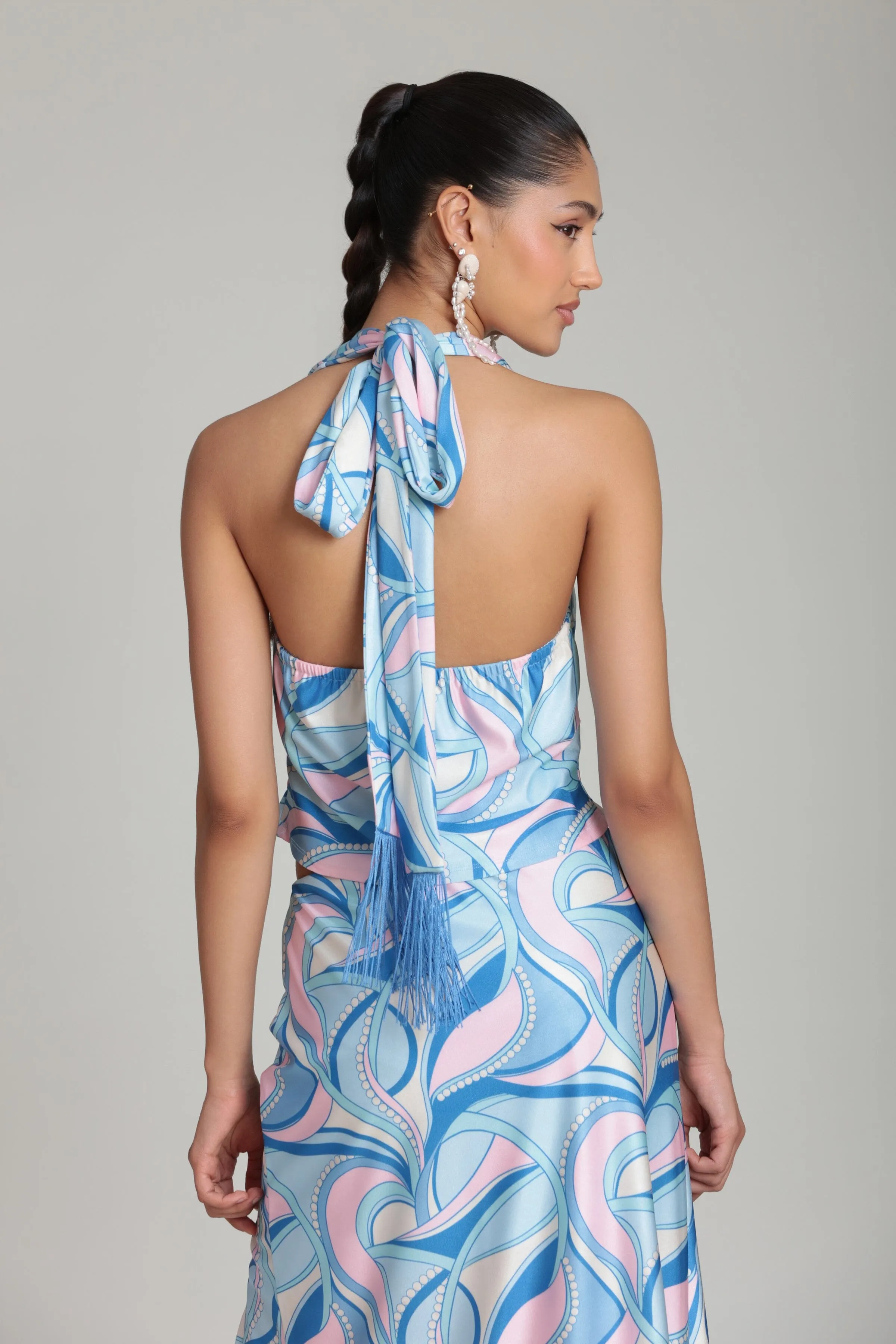 Satin Paisley Scarf Tie Halter Top with Fringe sold by Avec Les Filles product image thumbnail 5