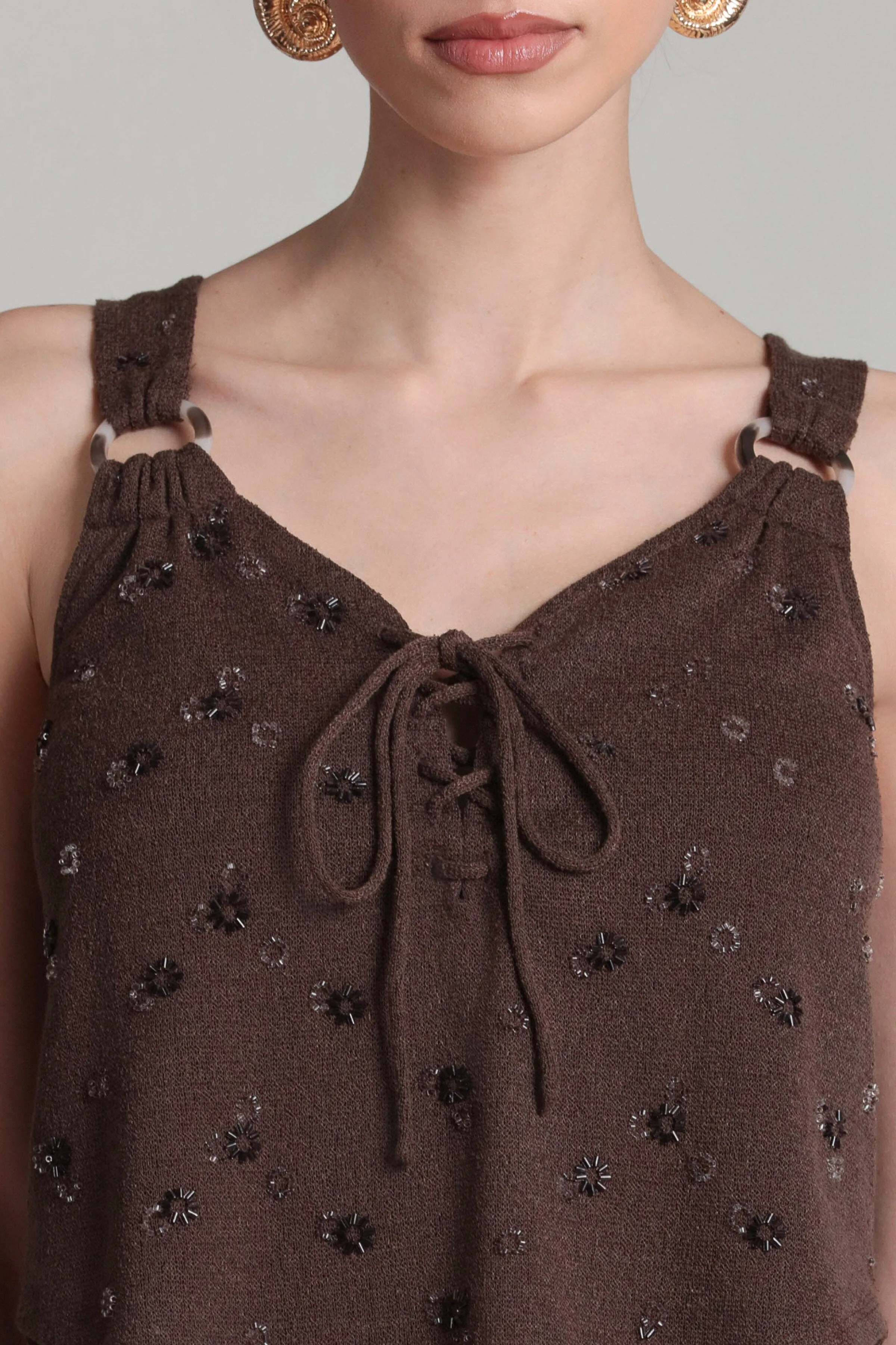 Beaded Knit Lace-Up Tank Top sold by Avec Les Filles product image thumbnail 3