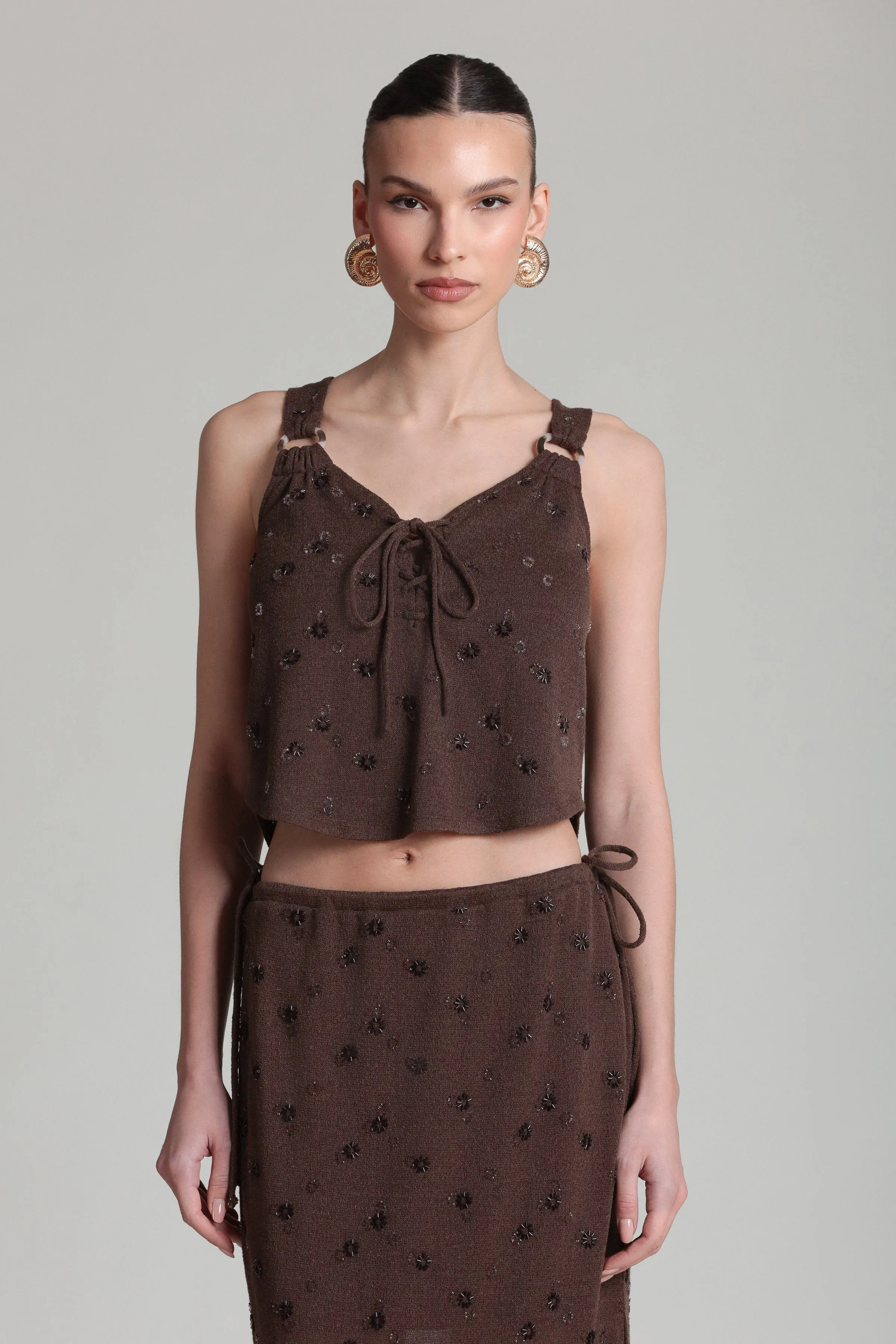 Beaded Knit Lace-Up Tank Top sold by Avec Les Filles