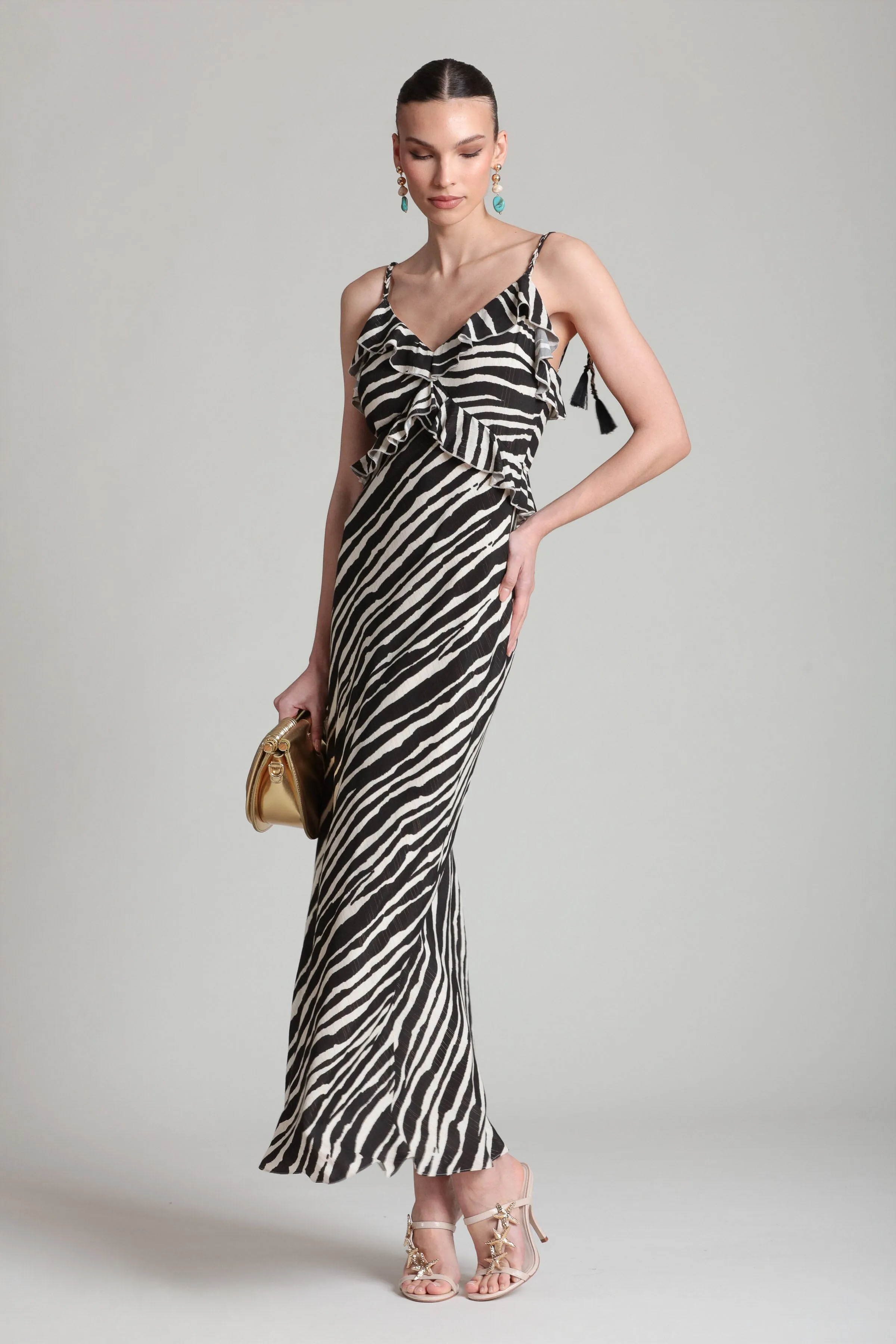 Zebra Lurex Stripe Braided Strap Ruffle Maxi Dress sold by Avec Les Filles product image thumbnail 2