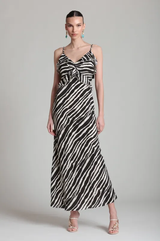 Zebra Lurex Stripe Braided Strap Ruffle Maxi Dress made by Avec Les Filles