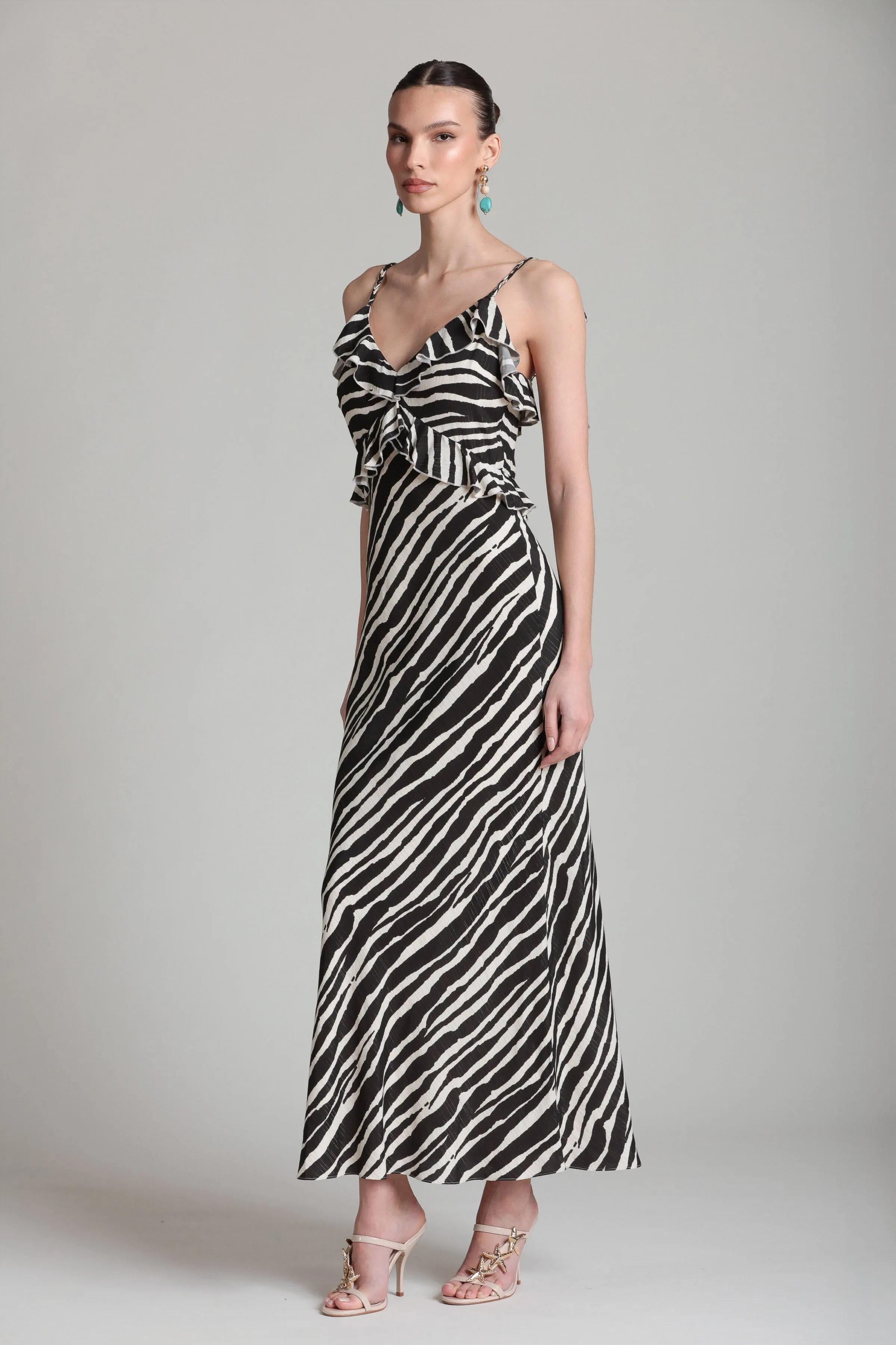 Zebra Lurex Stripe Braided Strap Ruffle Maxi Dress sold by Avec Les Filles product image thumbnail 3