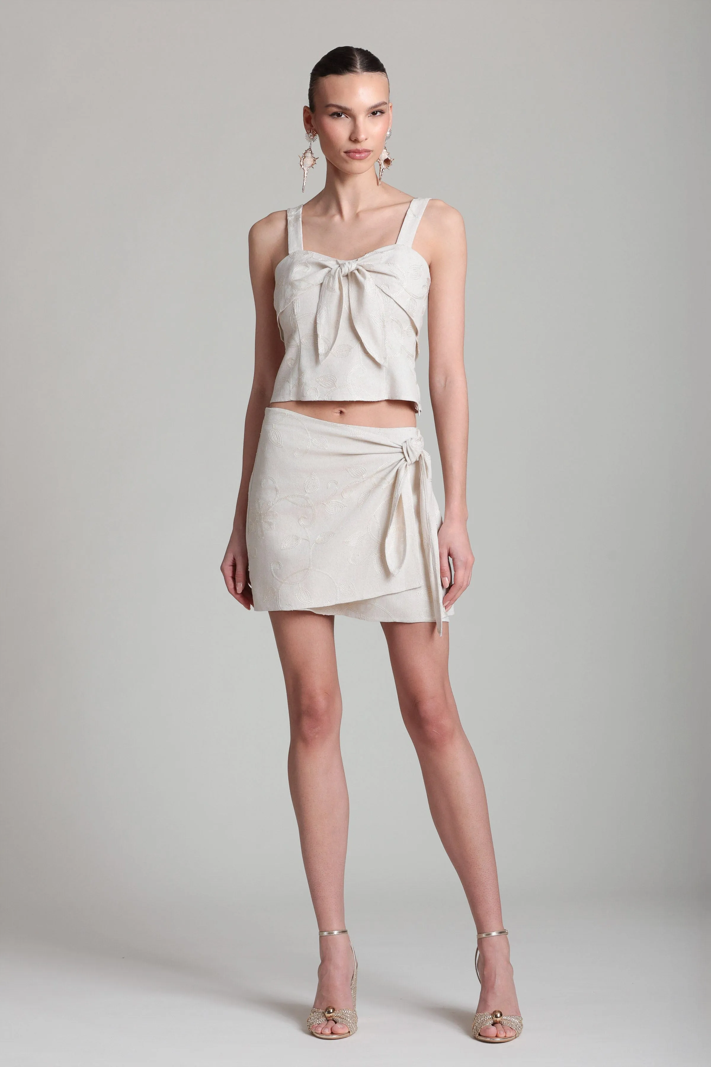 Embroidered Linen Blend Wrap Tie Mini Skirt sold by Avec Les Filles product image thumbnail 3