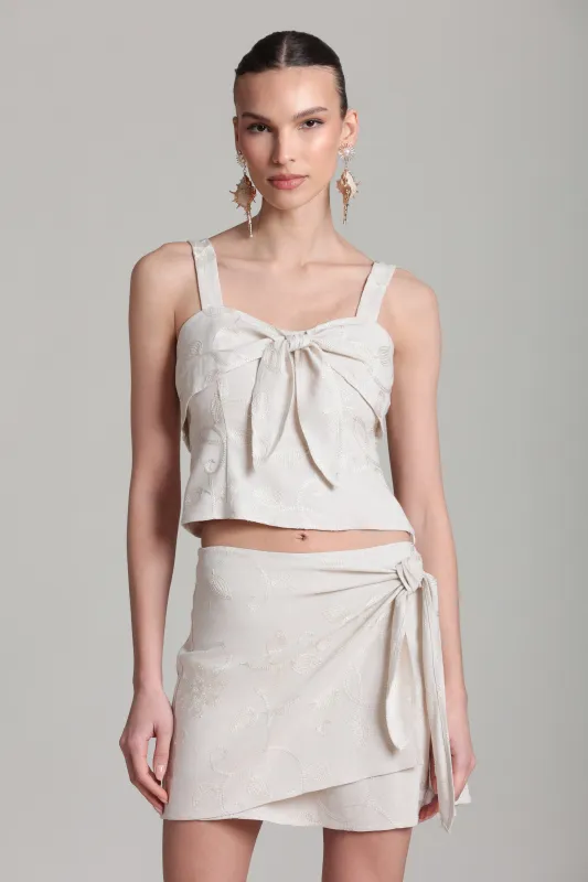 Embroidered Linen Blend Tie Front Top made by Avec Les Filles