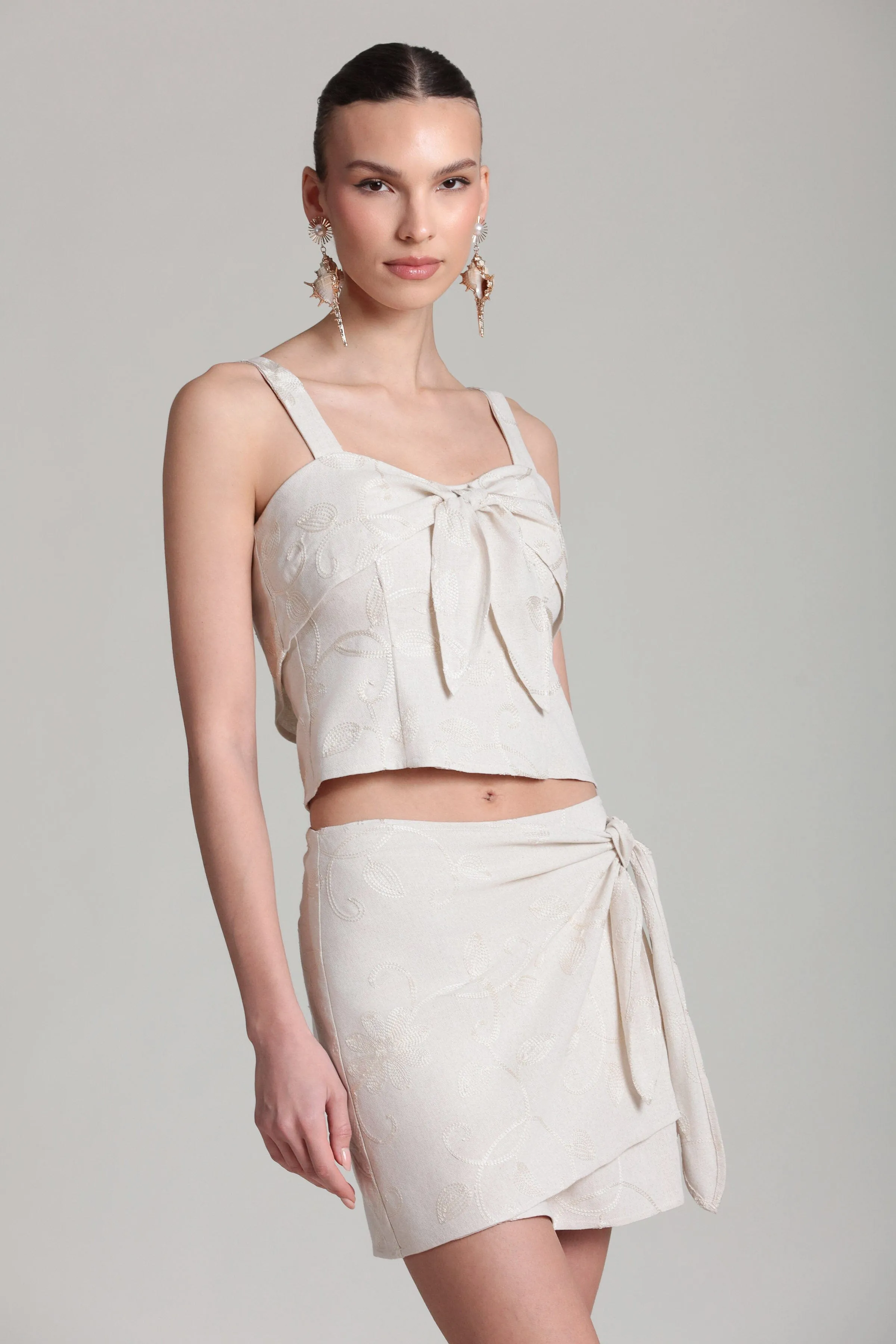 Embroidered Linen Blend Tie Front Top sold by Avec Les Filles product image thumbnail 3