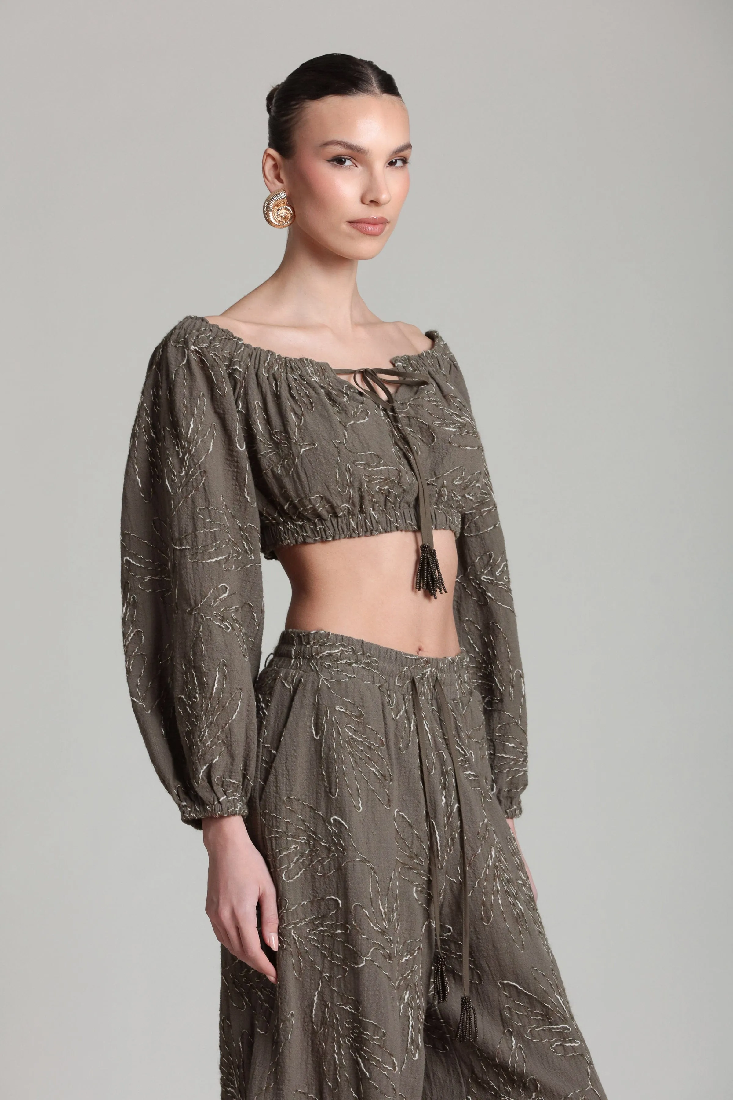 Embroidered Off-The-Shoulder Puff Sleeve Crop Top sold by Avec Les Filles product image thumbnail 2
