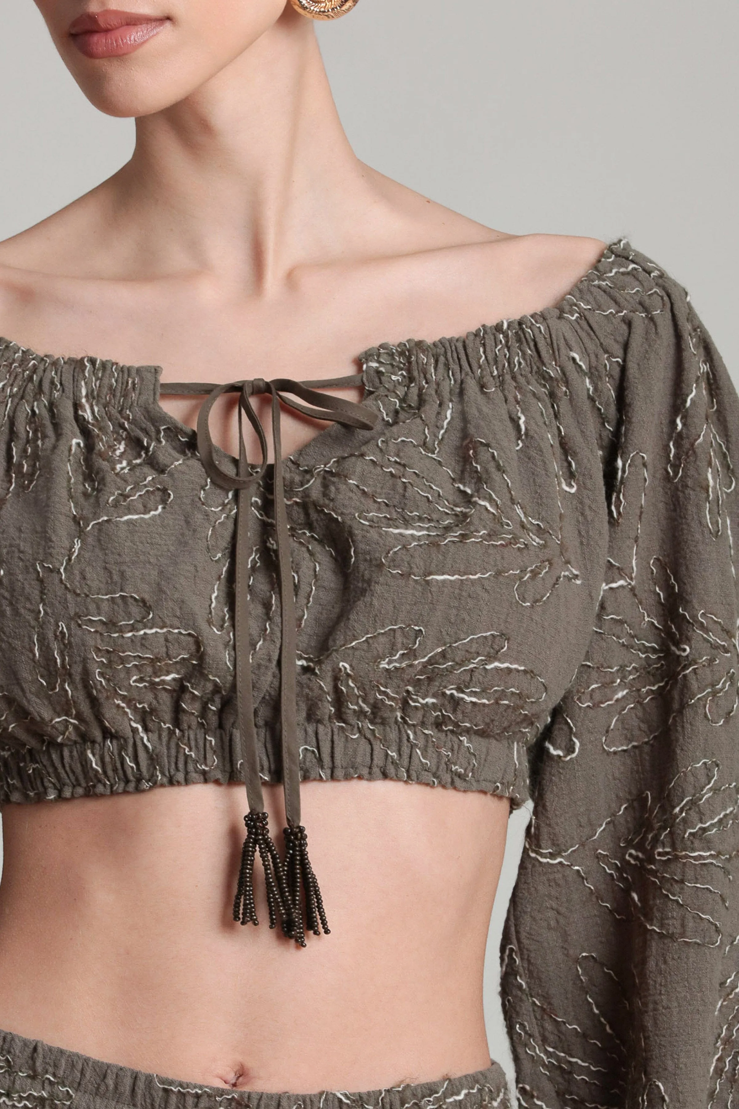Embroidered Off-The-Shoulder Puff Sleeve Crop Top sold by Avec Les Filles product image thumbnail 4