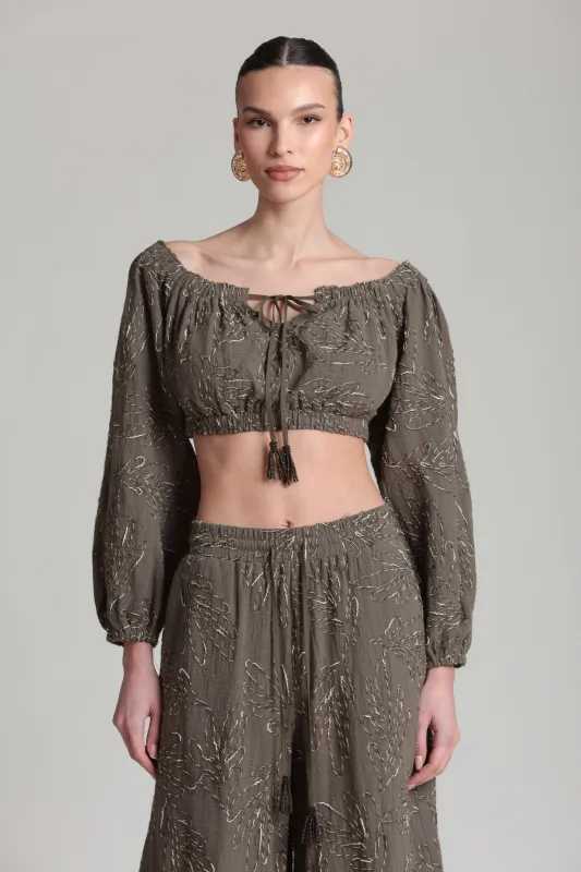 Embroidered Off-The-Shoulder Puff Sleeve Crop Top made by Avec Les Filles