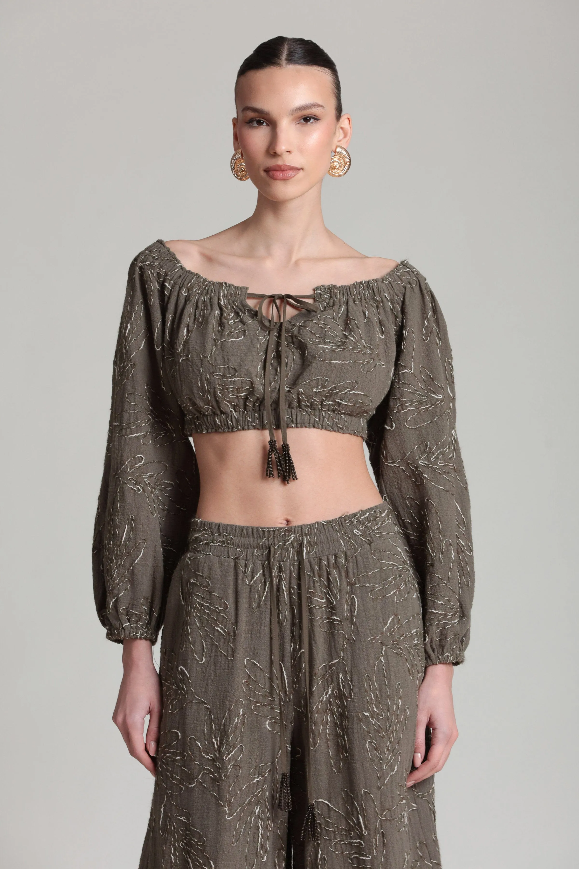 Embroidered Off-The-Shoulder Puff Sleeve Crop Top sold by Avec Les Filles