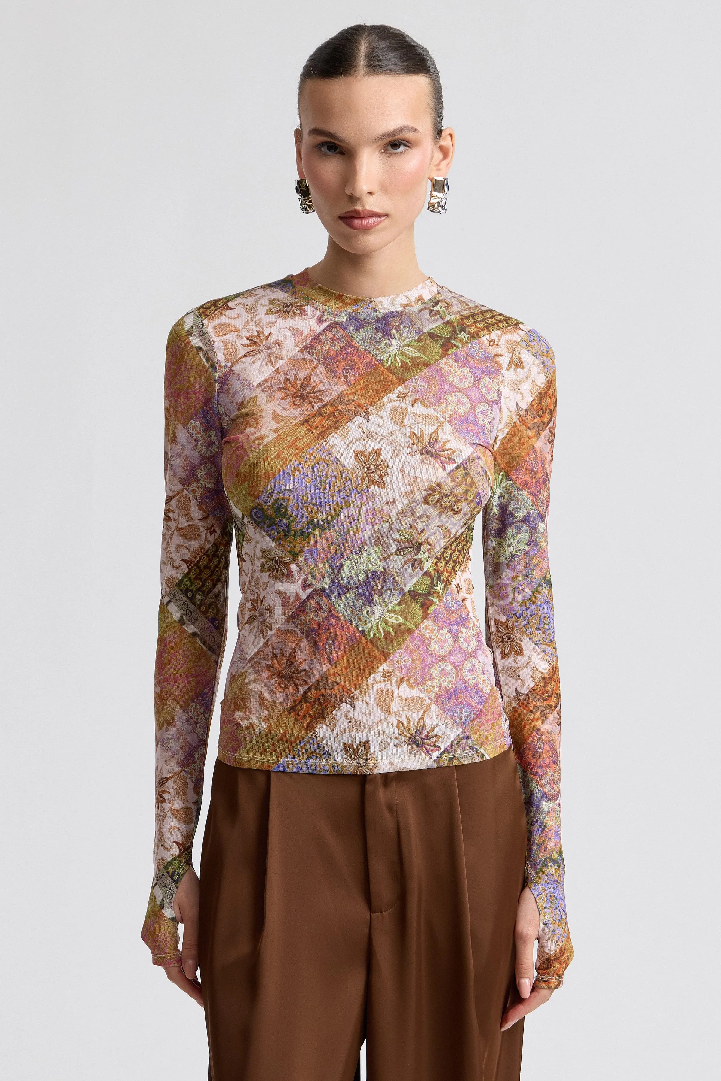 Stretch Printed Mesh Long Sleeve Thumbhole Top sold by Avec Les Filles