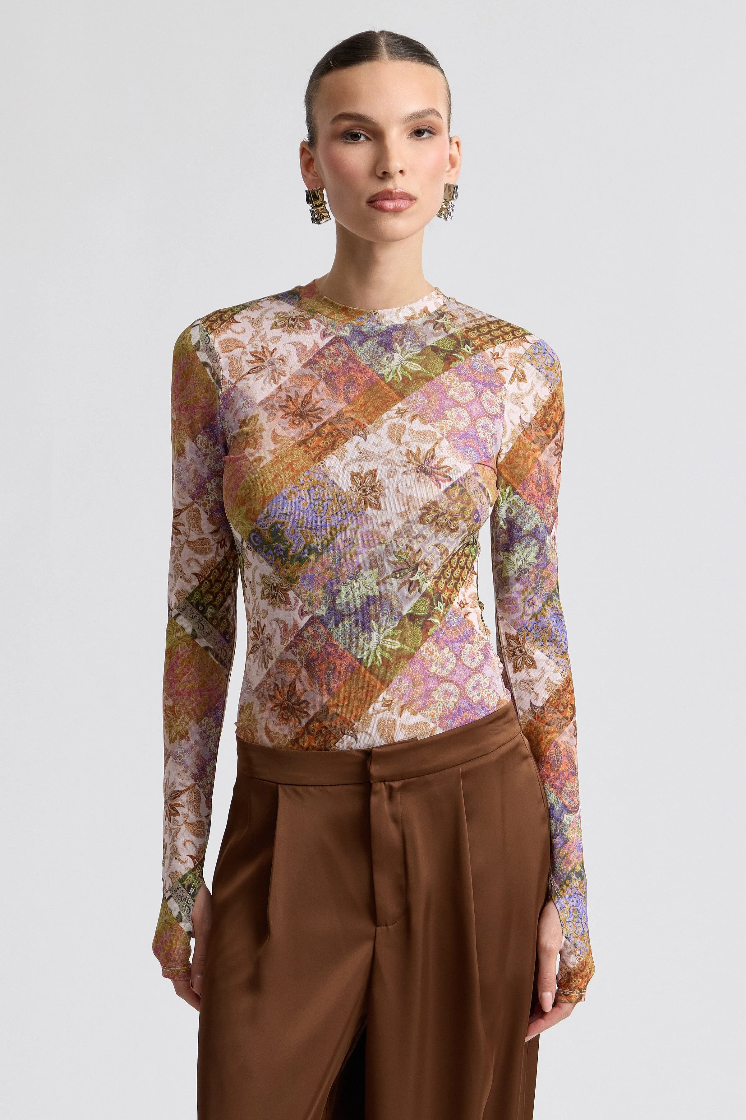 Stretch Printed Mesh Long Sleeve Thumbhole Top sold by Avec Les Filles product image thumbnail 3
