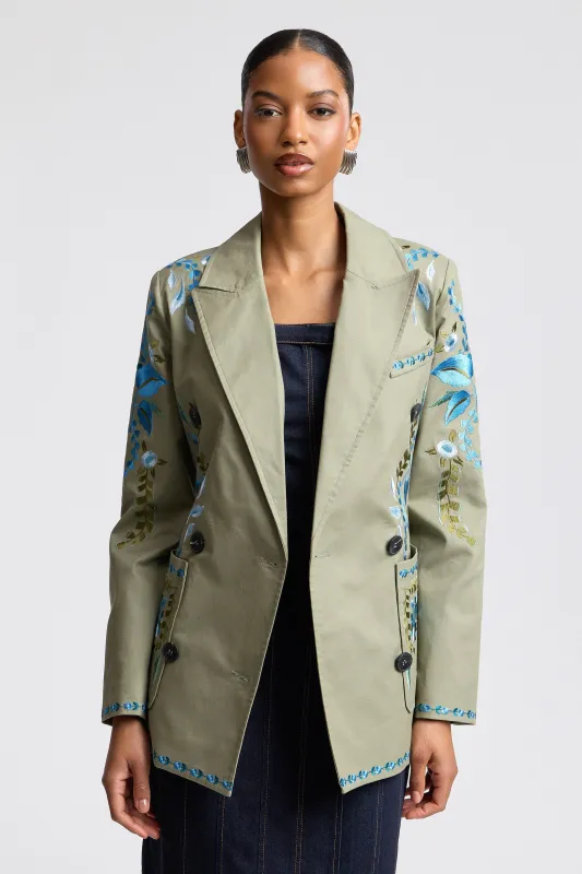Floral Embroidered Stretch Cotton Twill Double-Breasted Blazer made by Avec Les Filles
