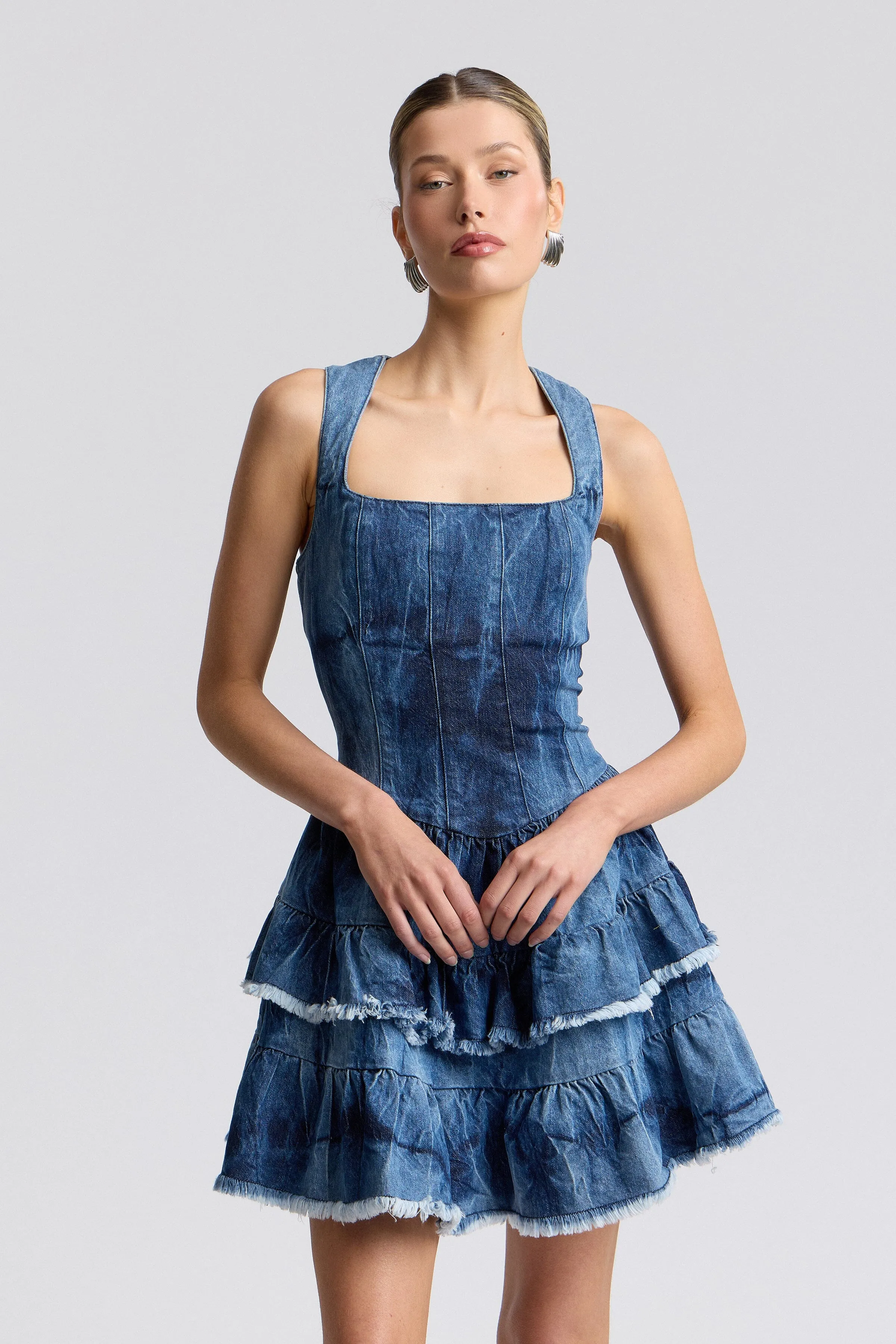 Tie-Dye Stretch Denim Ruffle Mini Dress sold by Avec Les Filles product image thumbnail 3