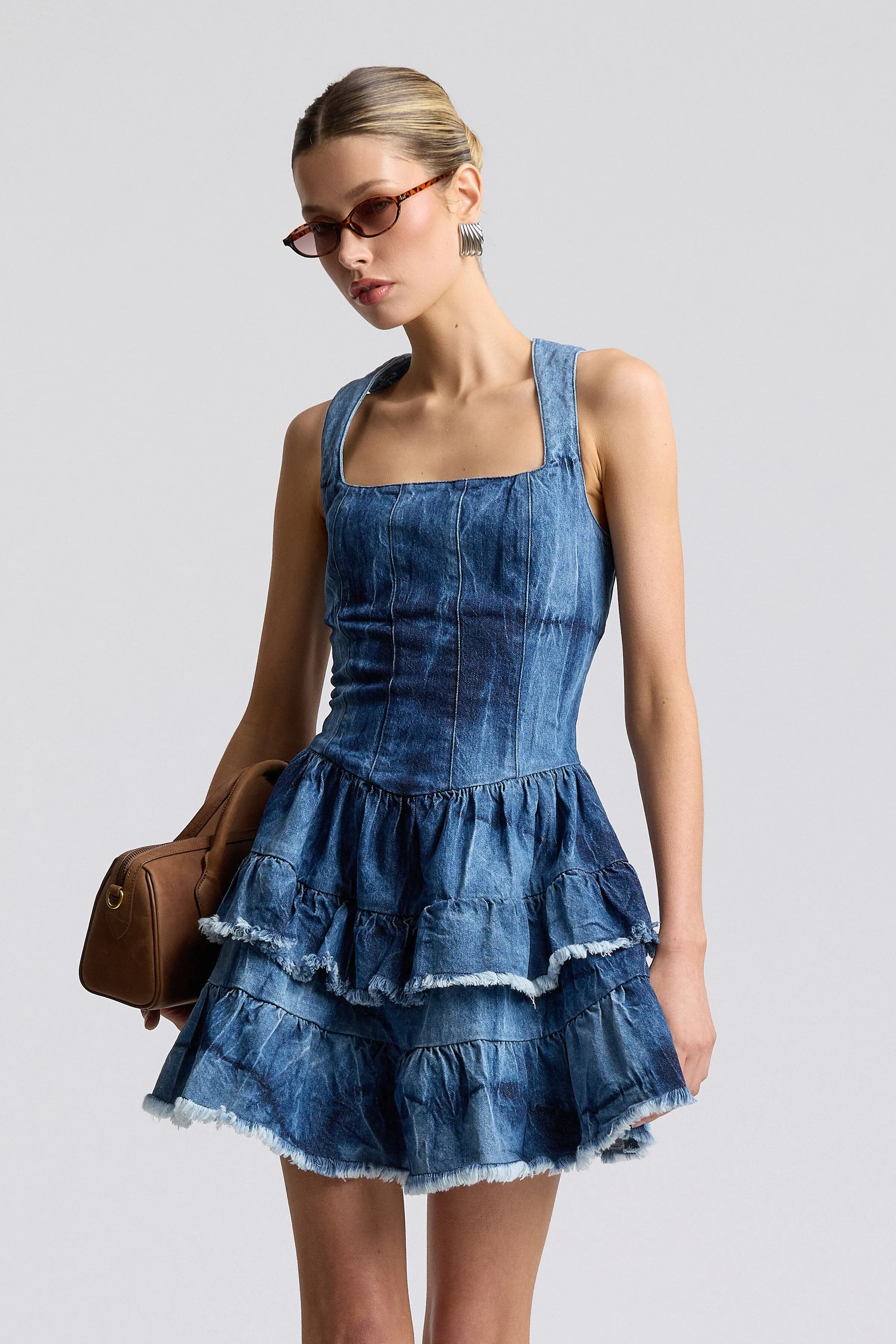 Tie-Dye Stretch Denim Ruffle Mini Dress sold by Avec Les Filles product image thumbnail 2