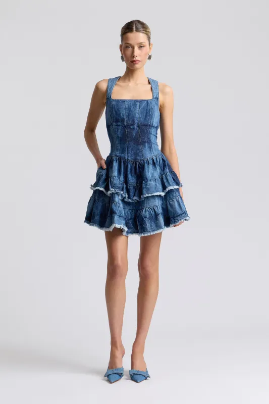 Tie-Dye Stretch Denim Ruffle Mini Dress made by Avec Les Filles