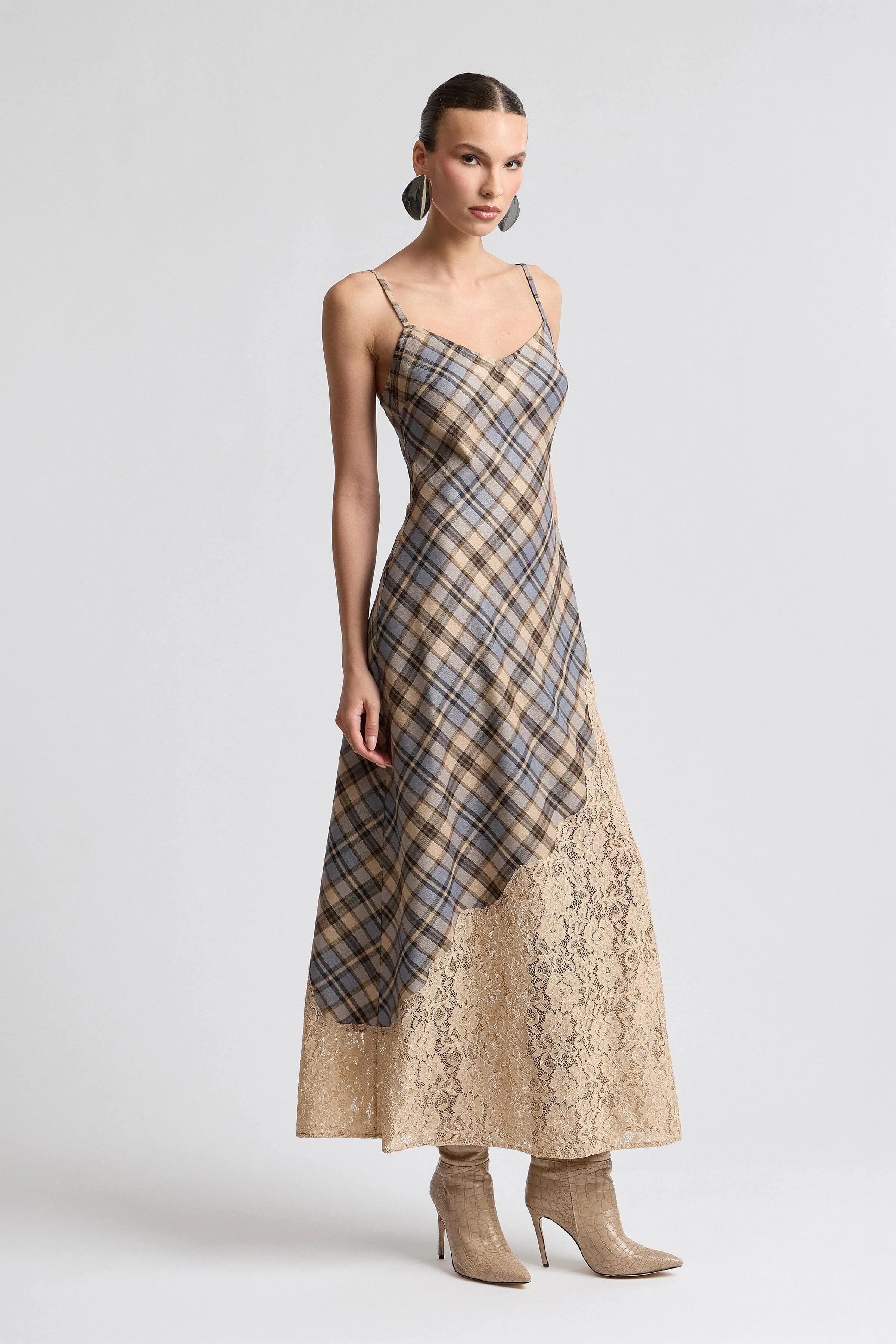 Lace Inset Plaid Bias Maxi Dress sold by Avec Les Filles product image thumbnail 3