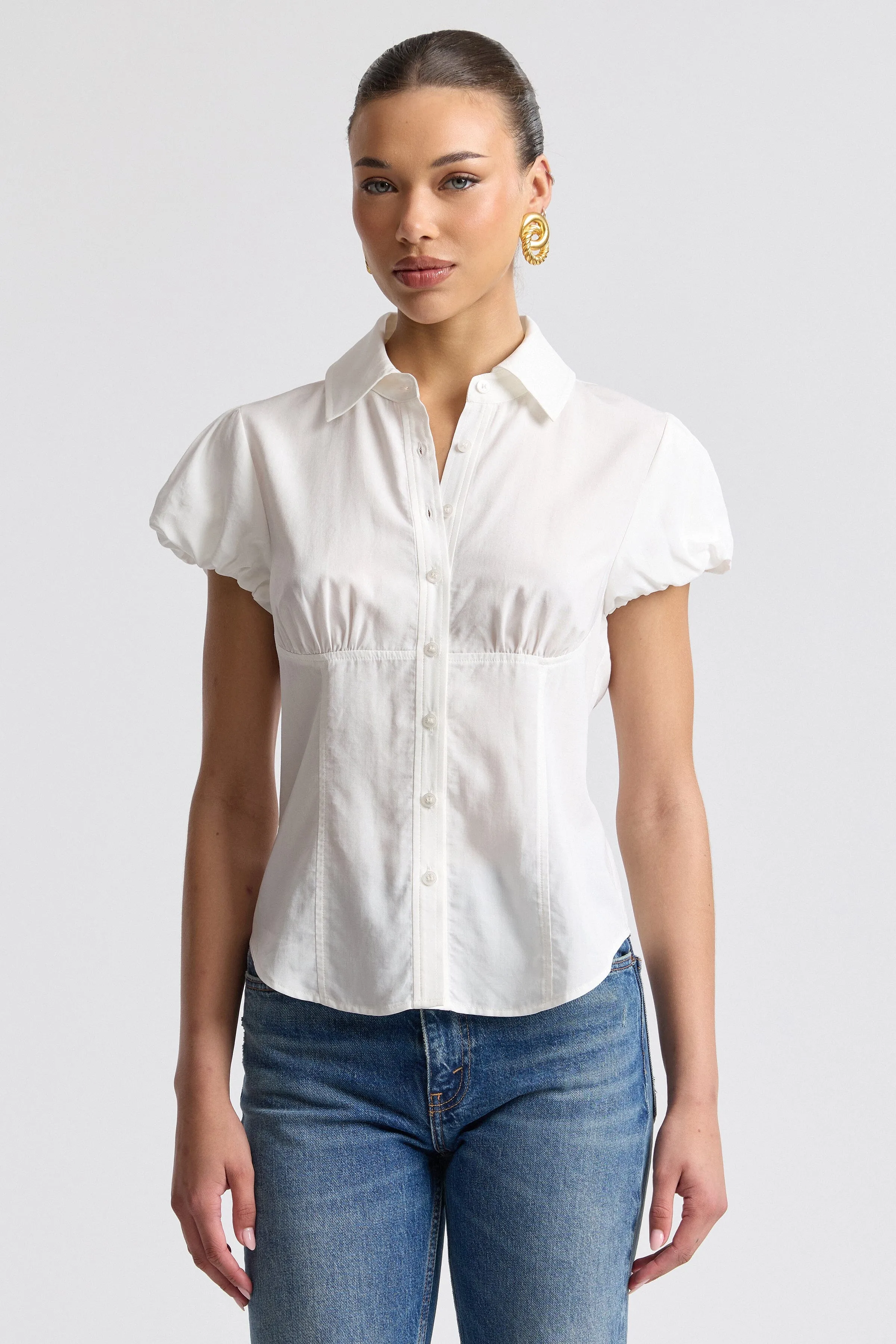 Lyocell Blend Puff Sleeve Button Front Top sold by Avec Les Filles