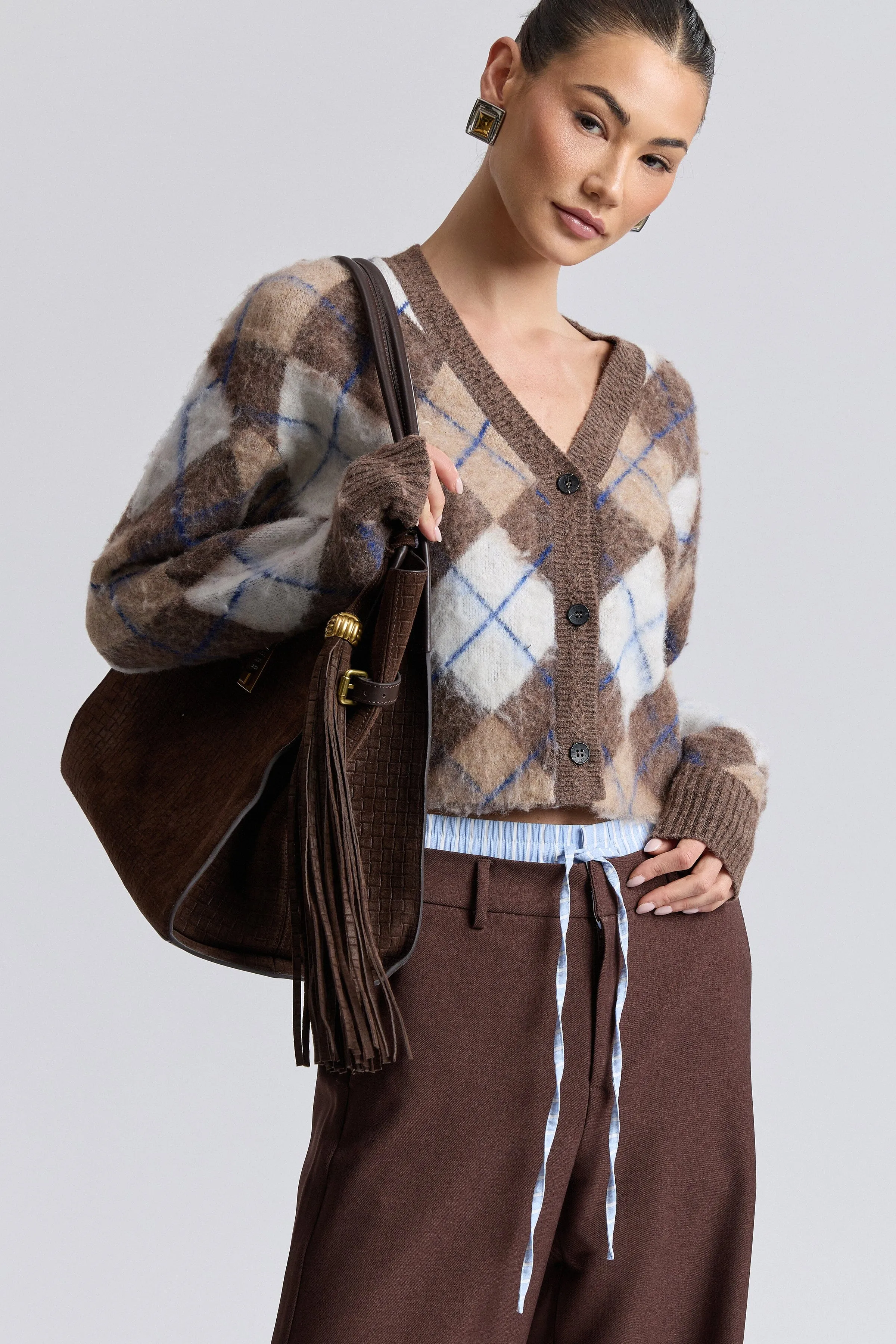 Brushed Argyle Jacquard Cropped Cardigan sold by Avec Les Filles product image thumbnail 3