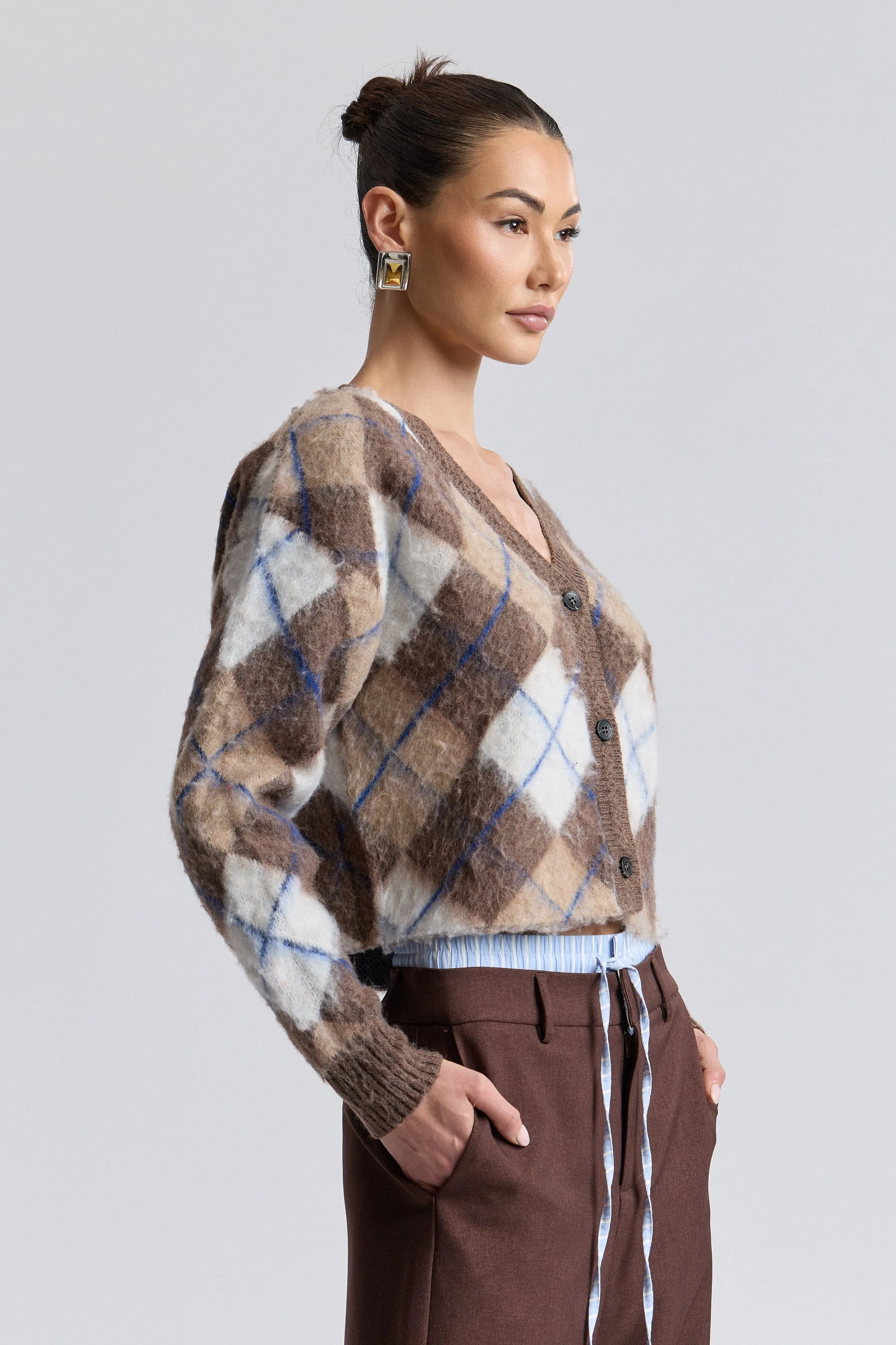 Brushed Argyle Jacquard Cropped Cardigan sold by Avec Les Filles product image thumbnail 4