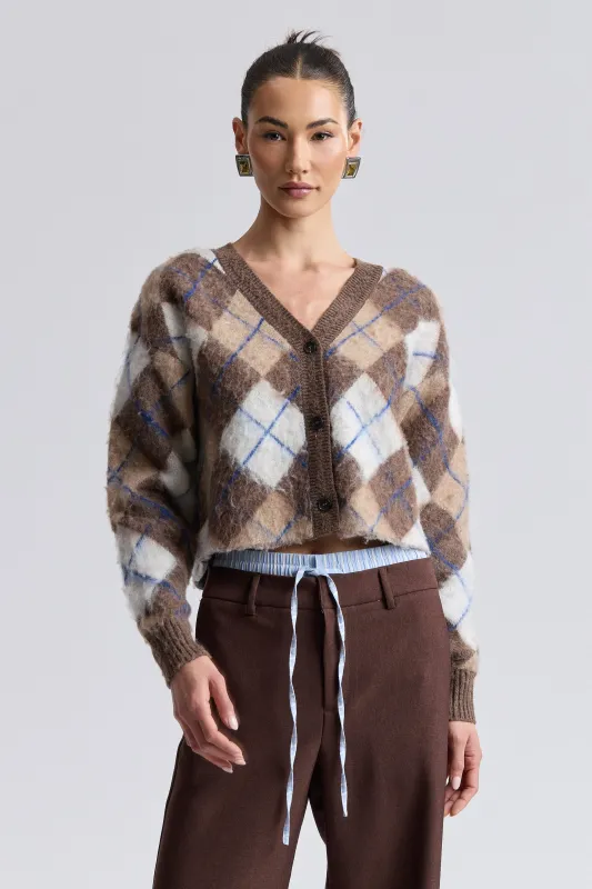 Brushed Argyle Jacquard Cropped Cardigan made by Avec Les Filles