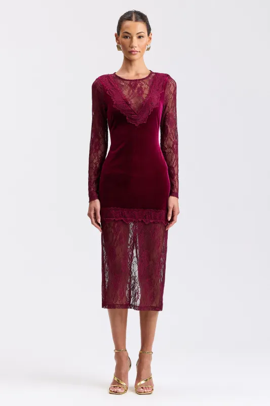 Stretch Velvet & Lace Long-Sleeve Midi Dress made by Avec Les Filles