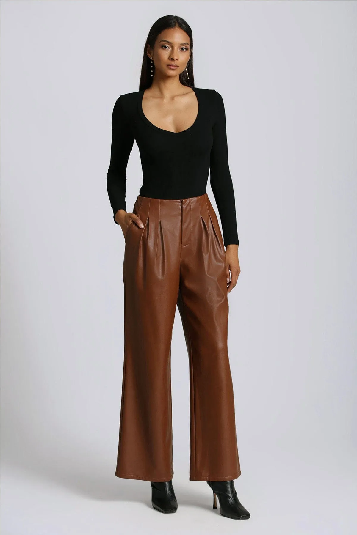Faux-Ever Leather™ Pleated Wide Leg Trouser sold by Avec Les Filles product image thumbnail 3