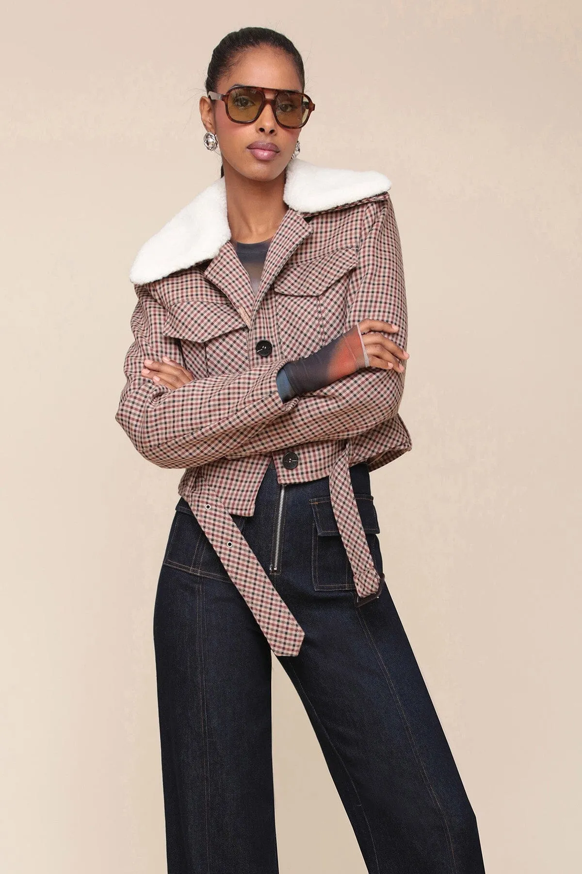 Faux Shearling Collared Plaid Aviator Jacket sold by Avec Les Filles
