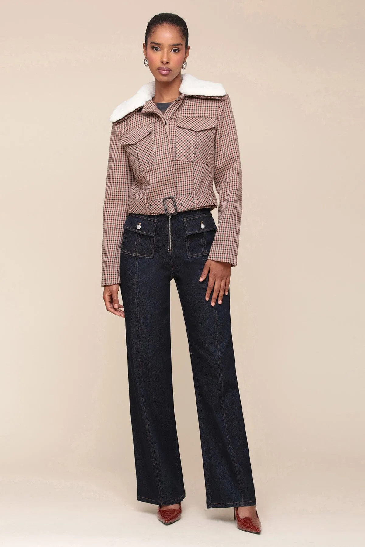 Faux Shearling Collared Plaid Aviator Jacket sold by Avec Les Filles product image thumbnail 4