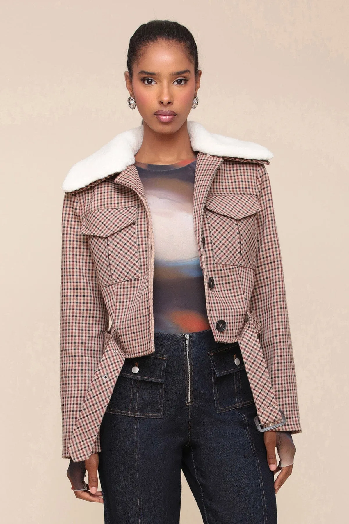 Faux Shearling Collared Plaid Aviator Jacket sold by Avec Les Filles product image thumbnail 3