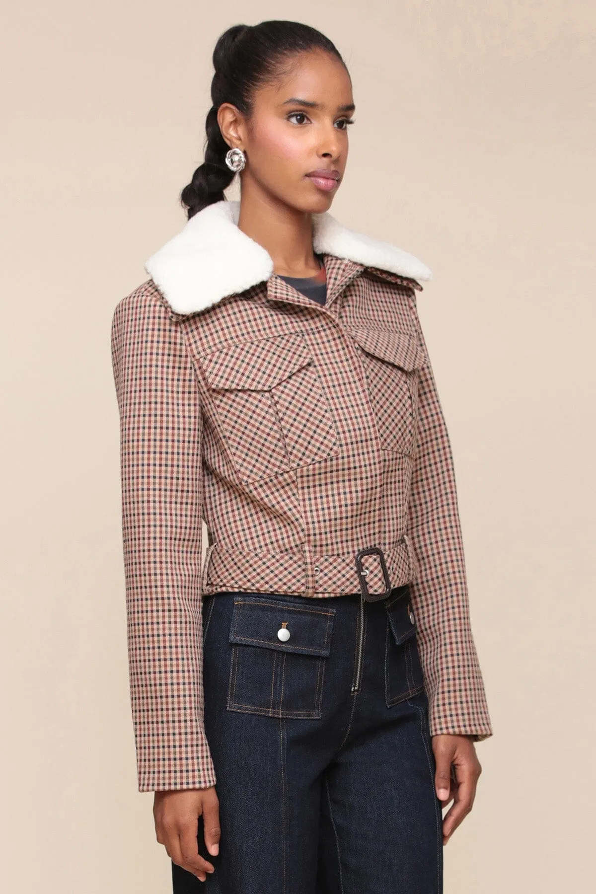 Faux Shearling Collared Plaid Aviator Jacket sold by Avec Les Filles product image thumbnail 5
