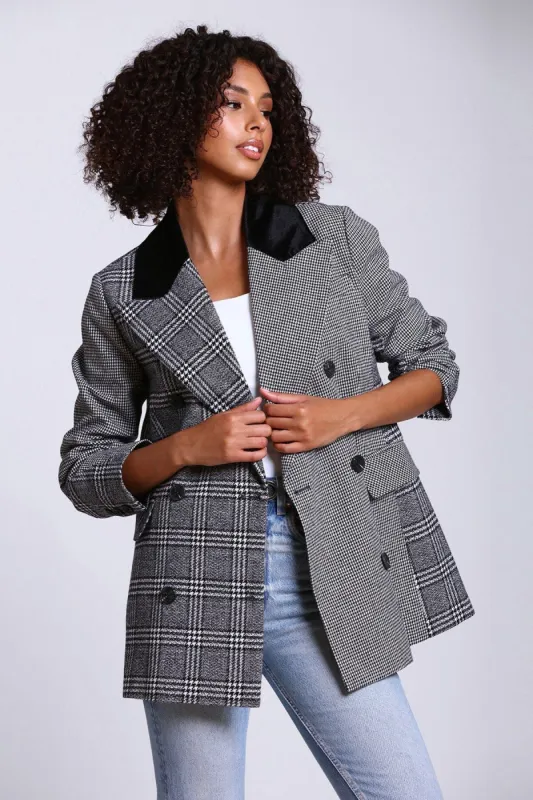 Houndstooth Mixed Media Double Breasted Blazer sold by Avec Les Filles