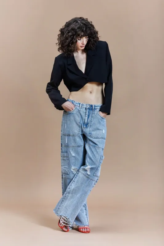 Distressed Wide Leg Cargo Jeans sold by Avec Les Filles