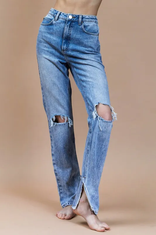 Split Hem Straight Leg Distressed Jeans sold by Avec Les Filles