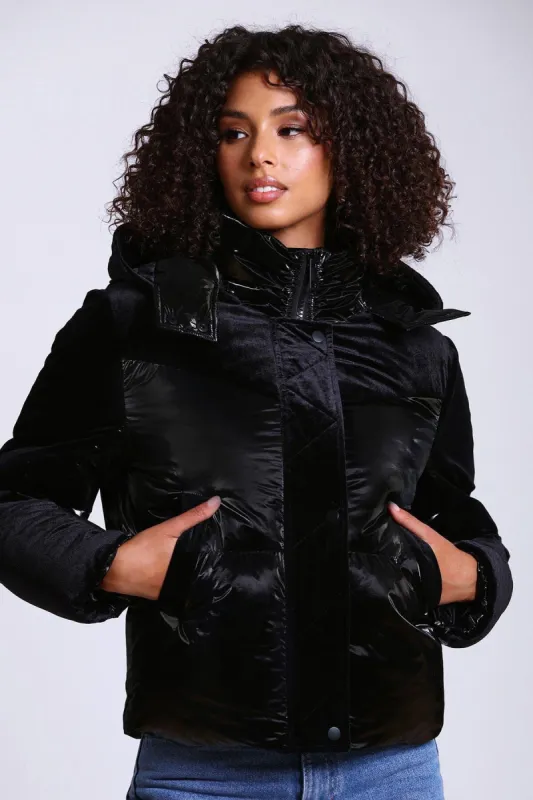 Mixed Media Velvet Puffer Jacket sold by Avec Les Filles