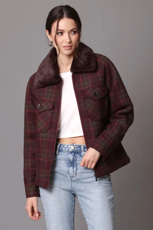 Plaid Zip-Front Faux Fur Collared Jacket sold by Avec Les Filles