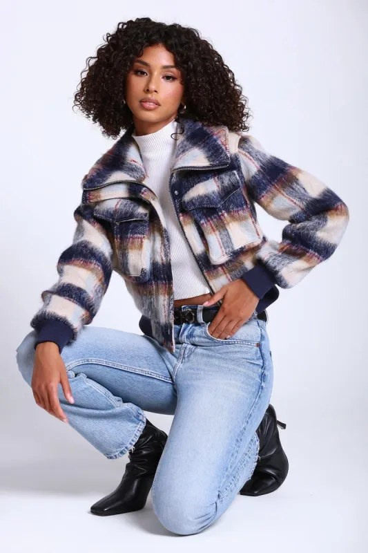Brushed Plaid Relaxed Bomber Jacket sold by Avec Les Filles