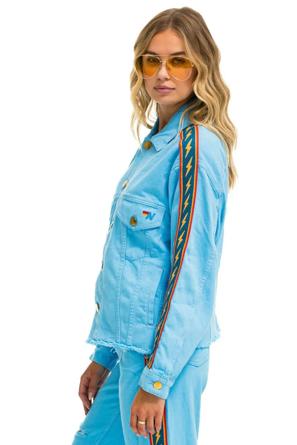 BOLT STRIPE OVERSIZED CUTOFF DENIM JACKET - SKY sold by Aviator Nation product image thumbnail 4