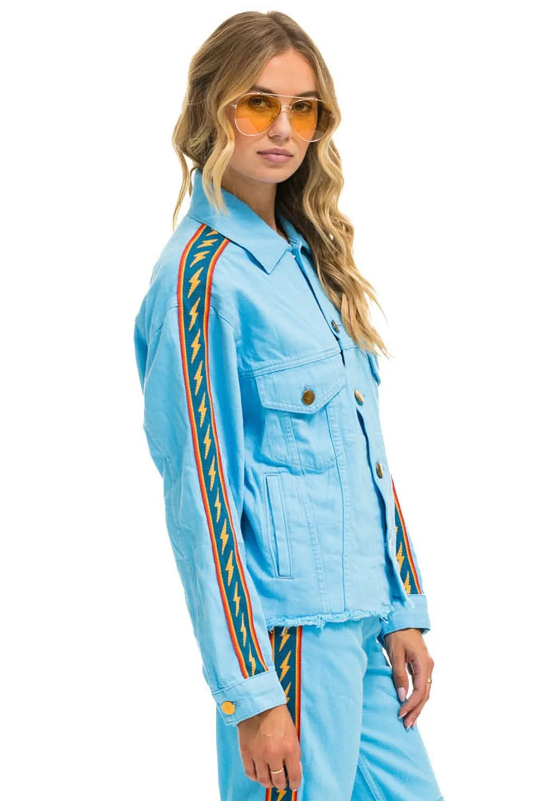 BOLT STRIPE OVERSIZED CUTOFF DENIM JACKET - SKY sold by Aviator Nation product image thumbnail 2