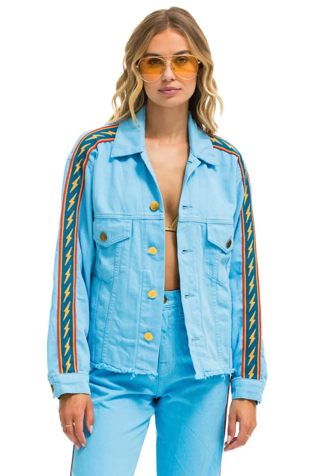 BOLT STRIPE OVERSIZED CUTOFF DENIM JACKET - SKY sold by Aviator Nation
