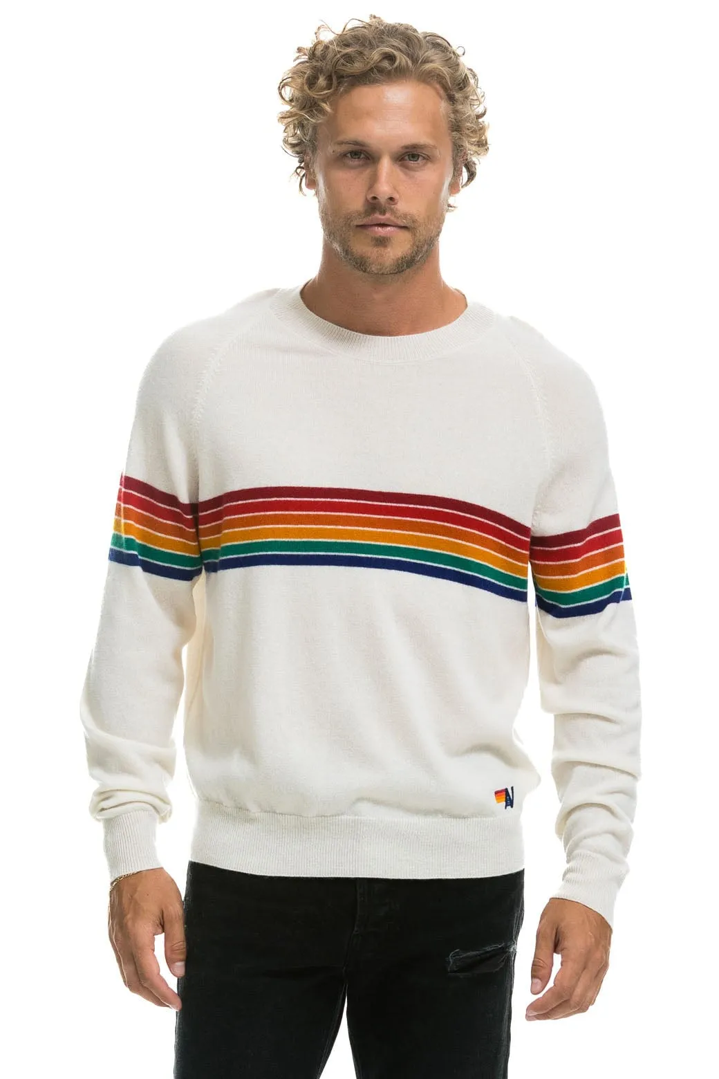 RAINBOW STRIPE 6 UNISEX LIGHT CASHMERE SWEATER - SNOW sold by Aviator Nation product image thumbnail 2