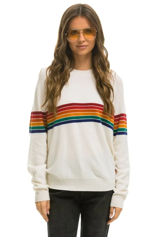 RAINBOW STRIPE 6 UNISEX LIGHT CASHMERE SWEATER - SNOW sold by Aviator Nation