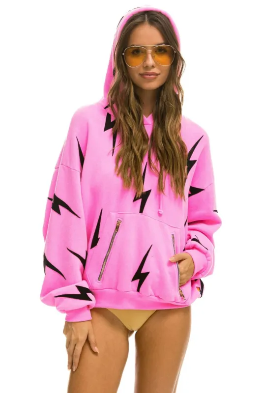 BOLT STITCH REPEAT RELAXED PULLOVER HOODIE WITH POCKET ZIPPERS - NEON PINK // BLACK sold by Aviator Nation