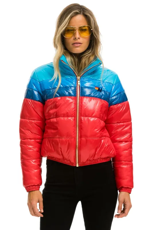 COLOR BLOCK LUXE APRES PUFFER JACKET - GLOSSY CHERRY sold by Aviator Nation